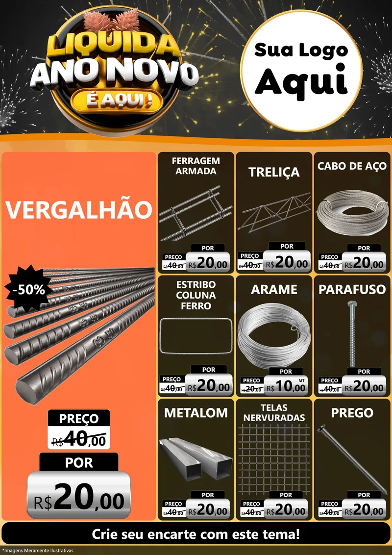 Modelo de Encarte para Encarte A4 Vertical com o tema Liquida Ano Novo É Aqui! para Ferragens