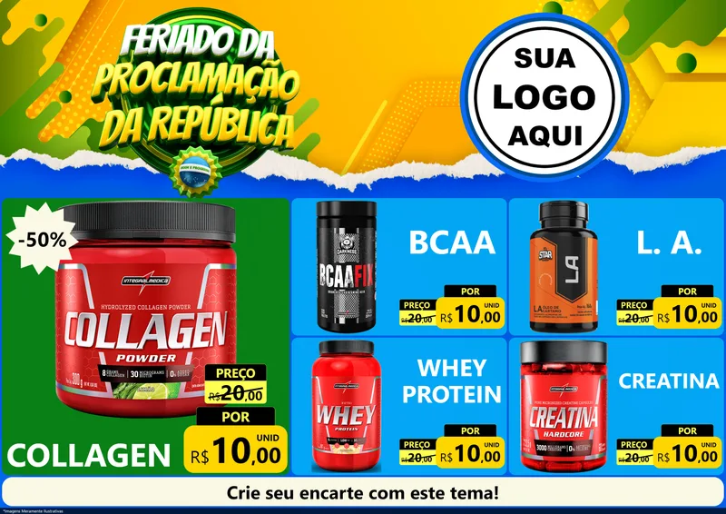 Modelo de Encarte para Encarte A4 Horizontal com o tema Feriado da Proclamação da República para Suplementos alimentares