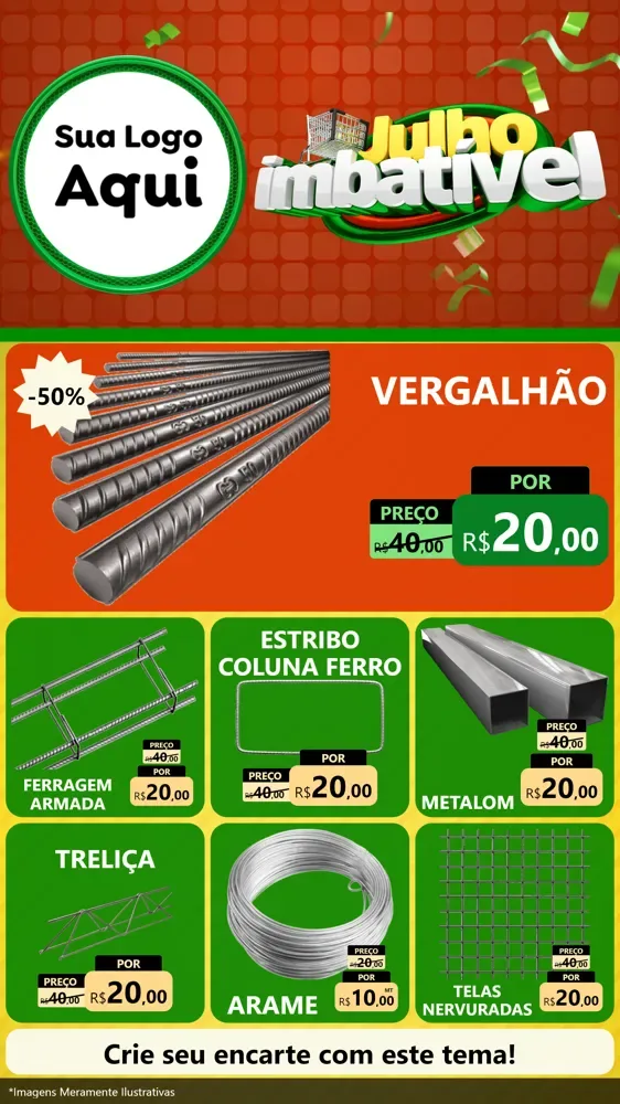 Modelo de Rede Social para Stories com o tema Julho Imbatível para Ferragens