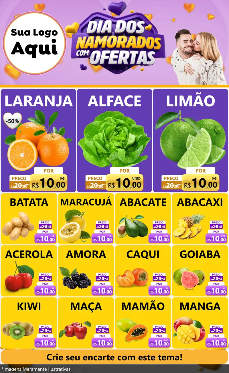 Modelo de Encarte para Encarte Grande com o tema Dia Dos Namorados Com Ofertas para Hortifrúti