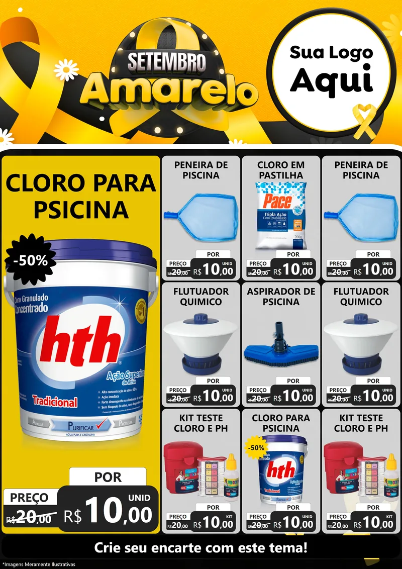 Modelo de Encarte para Encarte A4 Vertical com o tema Setembro Amarelo para Produtos para Piscina