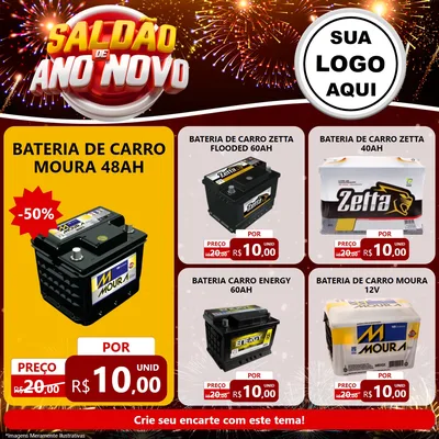 Modelo de Rede Social para Feed Facebook com o tema Saldão de Ano Novo para Baterias Elétricas