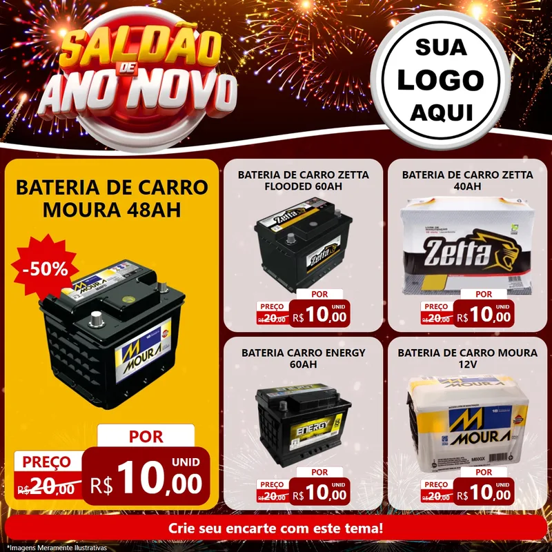 Modelo de Rede Social para Feed Facebook com o tema Saldão de Ano Novo para Baterias Elétricas