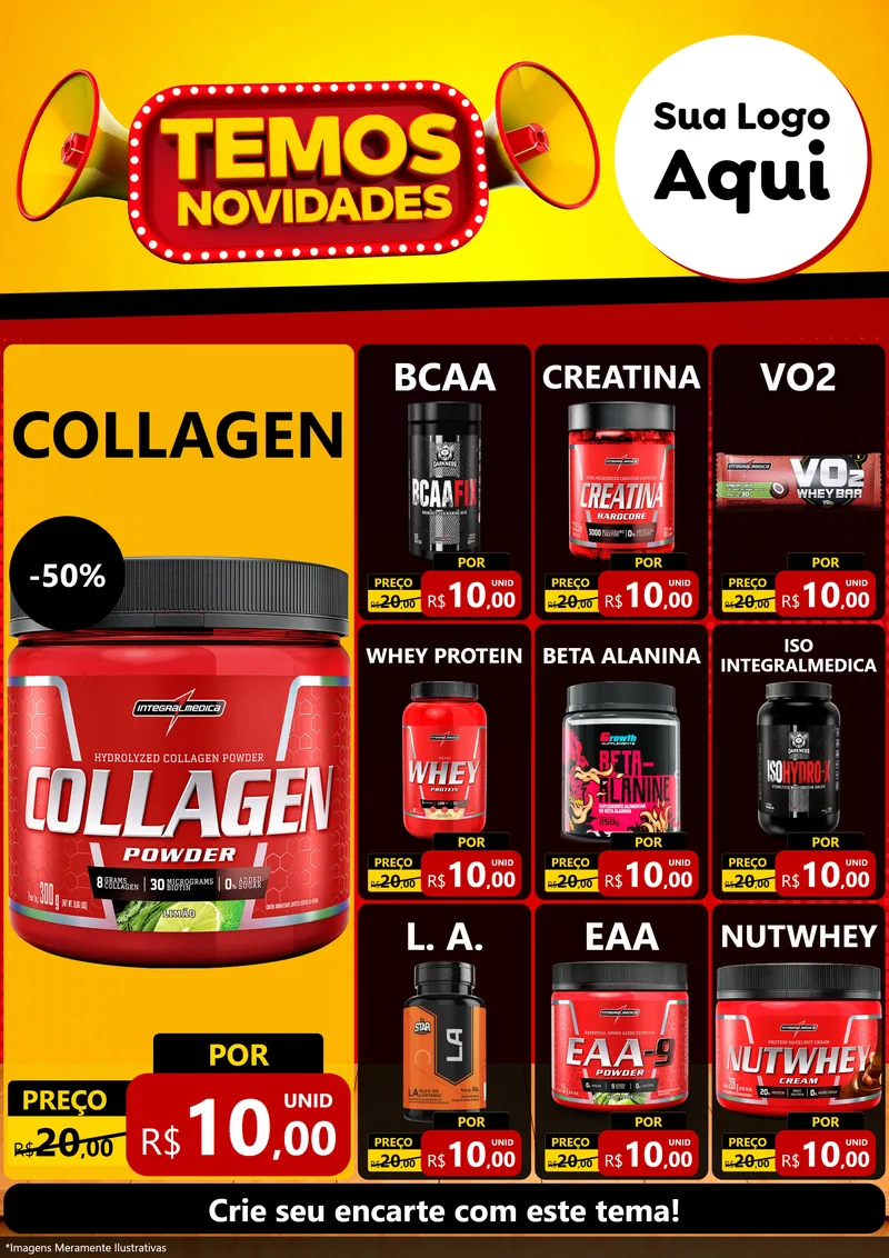 Modelo de Encarte para Encarte A4 Vertical com o tema Temos Novidades para Suplementos alimentares