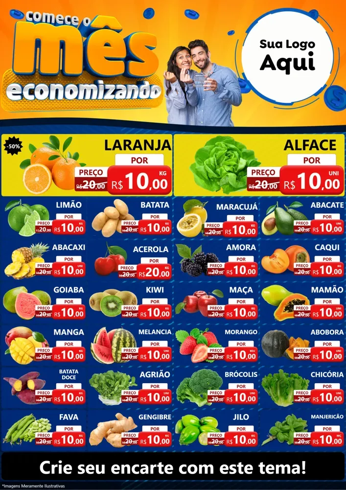 Modelo de Encarte para Encarte A4 Vertical com o tema Comece O Mês Economizando para Hortifrúti