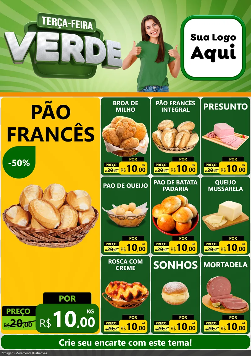 Modelo de Encarte para Encarte A4 Vertical com o tema Terça - Feira Verde para Padaria