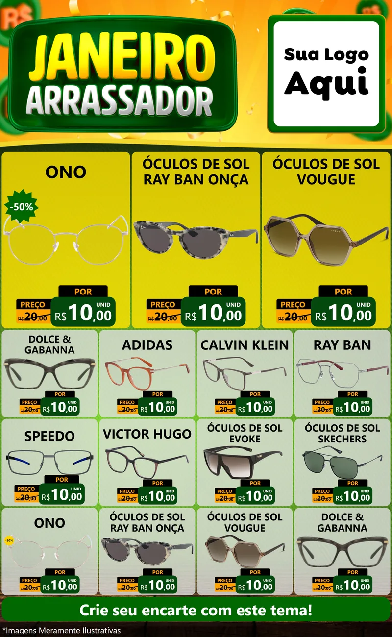 Modelo de Encarte para Encarte Grande com o tema Janeiro Arrasador para Óticas