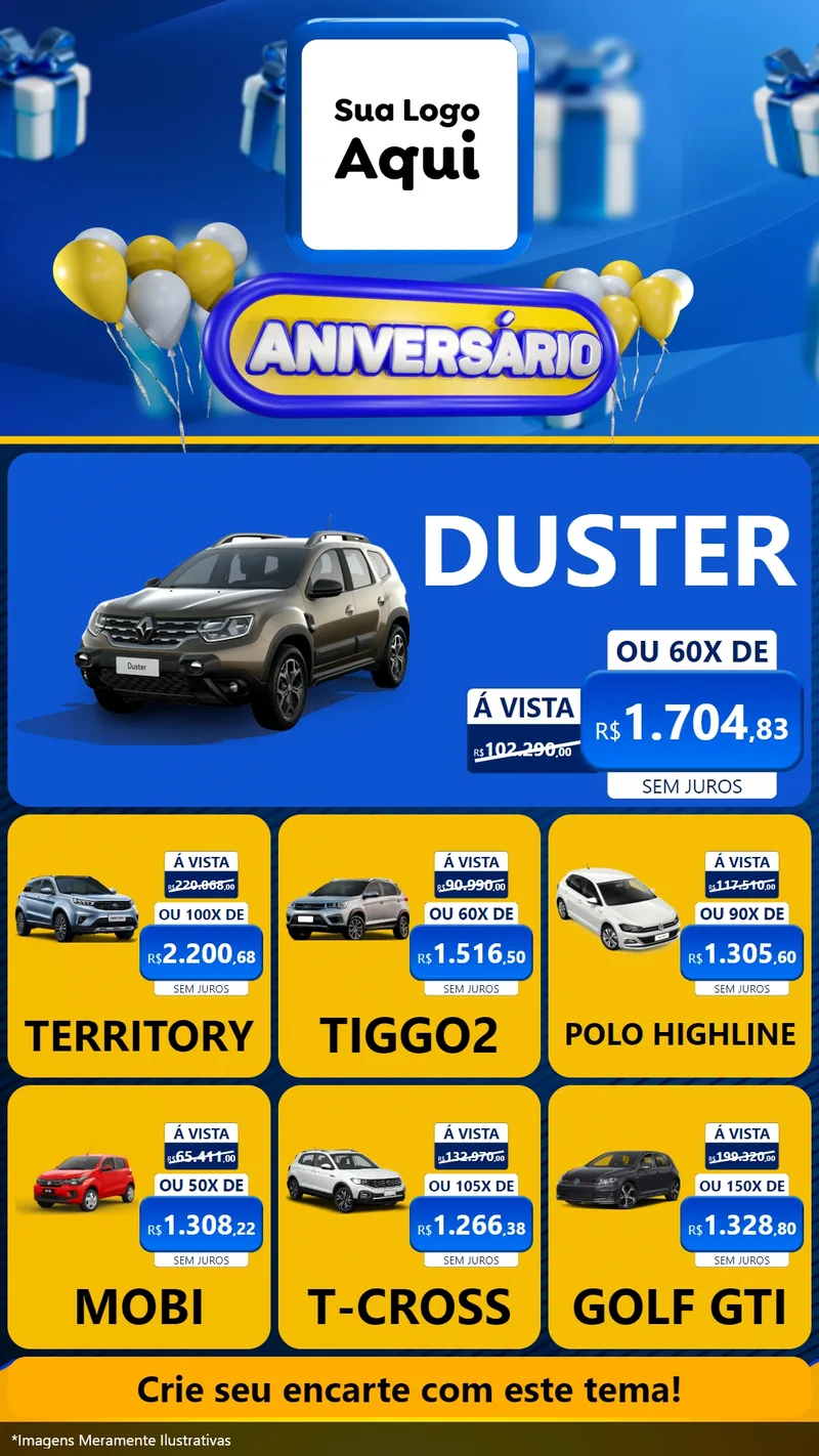 Modelo de Rede Social para Stories com o tema Aniversário para Concessionaria de Carros