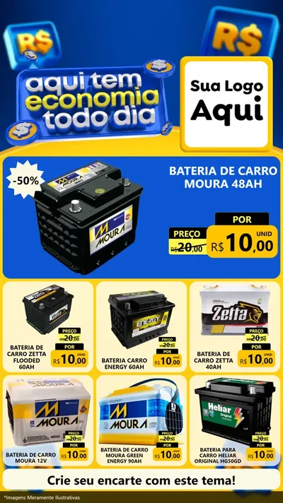 Modelo de Rede Social para Stories com o tema Aqui Tem Economia Todo Dia para Baterias Elétricas