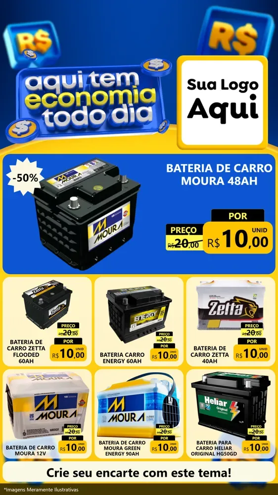 Modelo de Rede Social para Stories com o tema Aqui Tem Economia Todo Dia para Baterias Elétricas