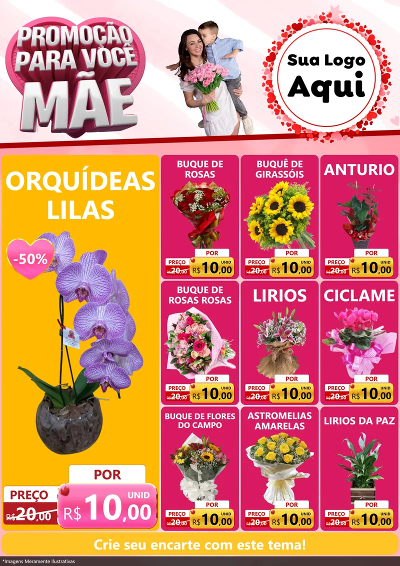 Modelo de Encarte para Encarte A4 Vertical com o tema Promoção Para Você Mãe para Floricultura e jardim