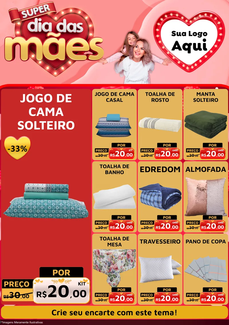 Modelo de Encarte para Encarte A4 Vertical com o tema Super Dia Das Mães para Cama, Mesa e Banho