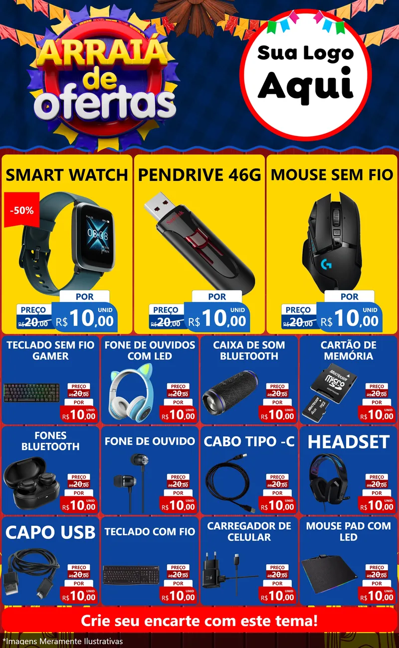 Modelo de Encarte para Encarte Grande com o tema Arraiá de Ofertas para Informática