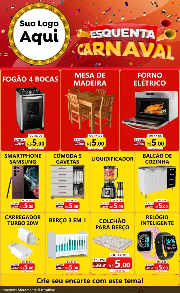 Modelo de Encarte para Encarte Grande com o tema Esquenta Carnaval para Móveis e Eletro