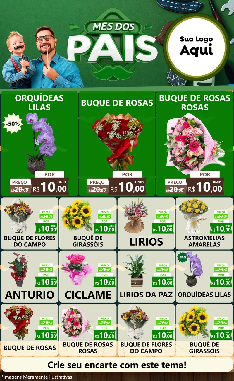 Modelo de Encarte para Encarte Grande com o tema Mês dos Pais para Floricultura e jardim