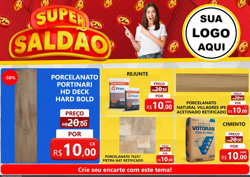 Modelo de Encarte para Encarte A4 Horizontal com o tema Super Saldão para Pisos e revestimentos