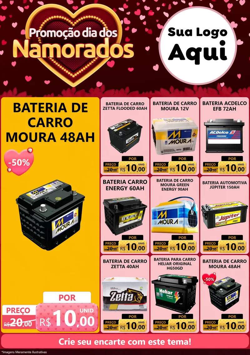 Modelo de Encarte para Encarte A4 Vertical com o tema Promoção Dia Dos Namorados para Baterias Elétricas