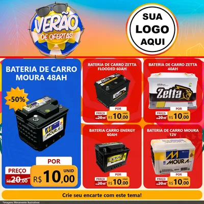 Modelo de Rede Social para Feed Facebook com o tema Verão de Ofertas para Baterias Elétricas