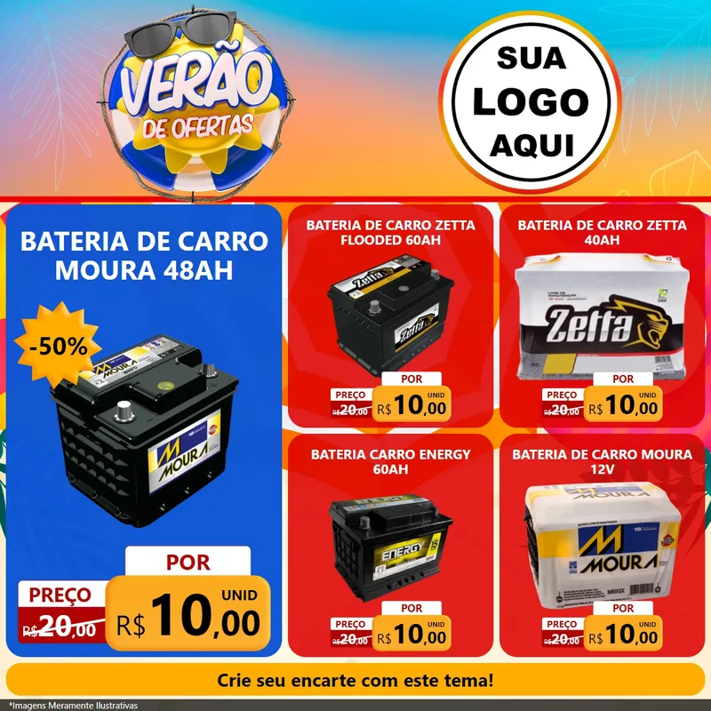 Modelo de Rede Social para Feed Facebook com o tema Verão de Ofertas para Baterias Elétricas