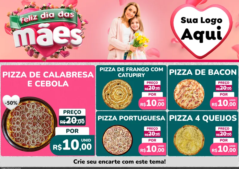 Modelo de Encarte para Encarte A4 Horizontal com o tema Feliz Dia das Mães para Pizzaria