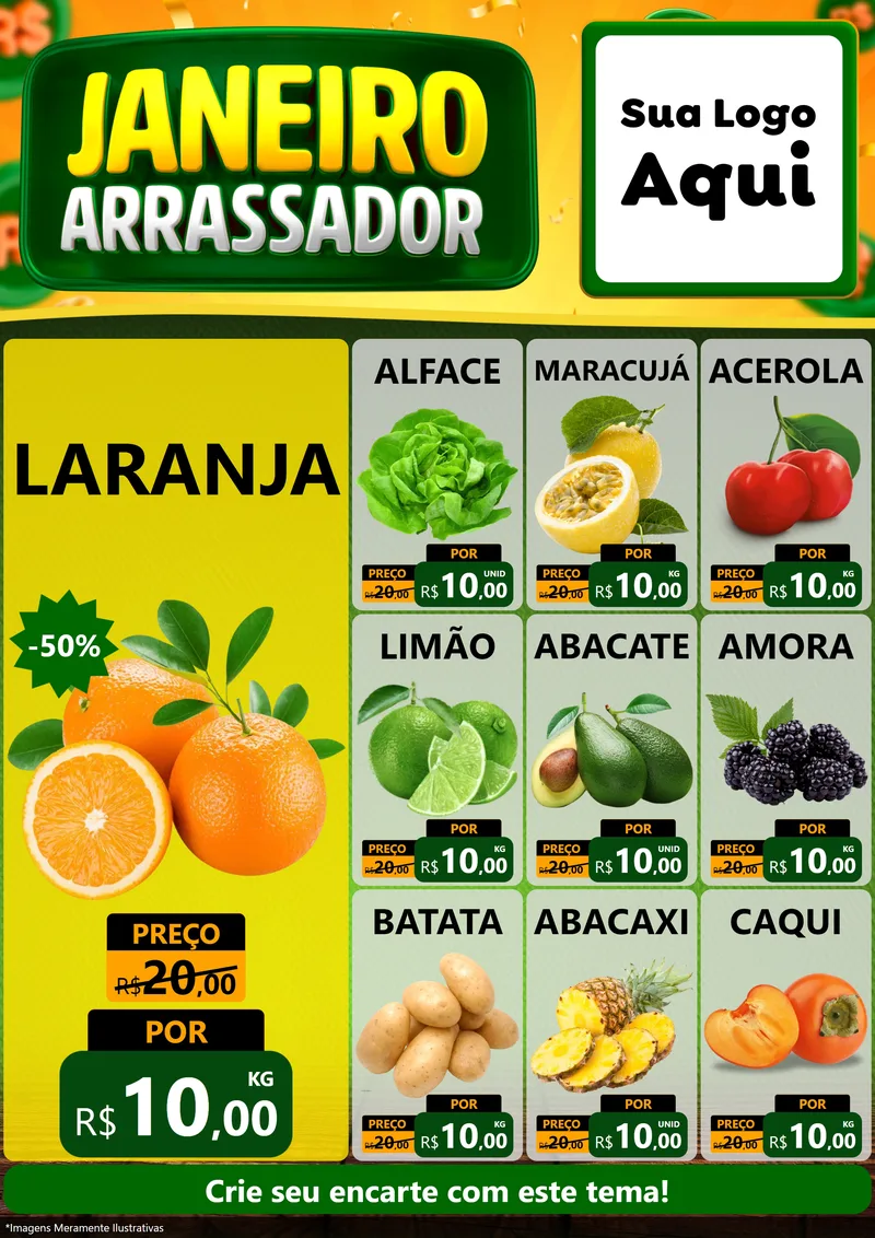 Modelo de Encarte para Encarte A4 Vertical com o tema Janeiro Arrasador para Hortifrúti