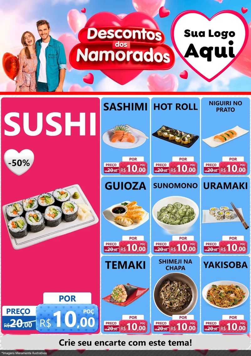 Modelo de Encarte para Encarte A4 Vertical com o tema Descontos dos Namorados para Comida japonesa