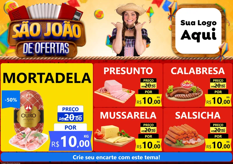 Modelo de Encarte para Encarte A4 Horizontal com o tema São João de Ofertas para Frios e Laticínios