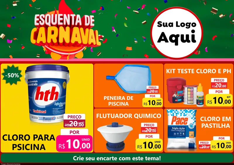 Modelo de Encarte para Encarte A4 Horizontal com o tema Esquenta de Carnaval para Produtos para Piscina