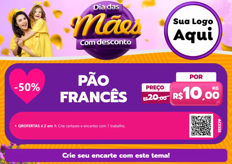 Modelo de Cartaz para Cartaz A4 Horizontal com o tema Dia das Mães com Desconto para Padaria