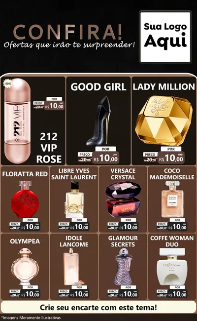 Modelo de Encarte para Encarte Grande com o tema Confira! Ofertas que irão te surpreender! para Perfumes