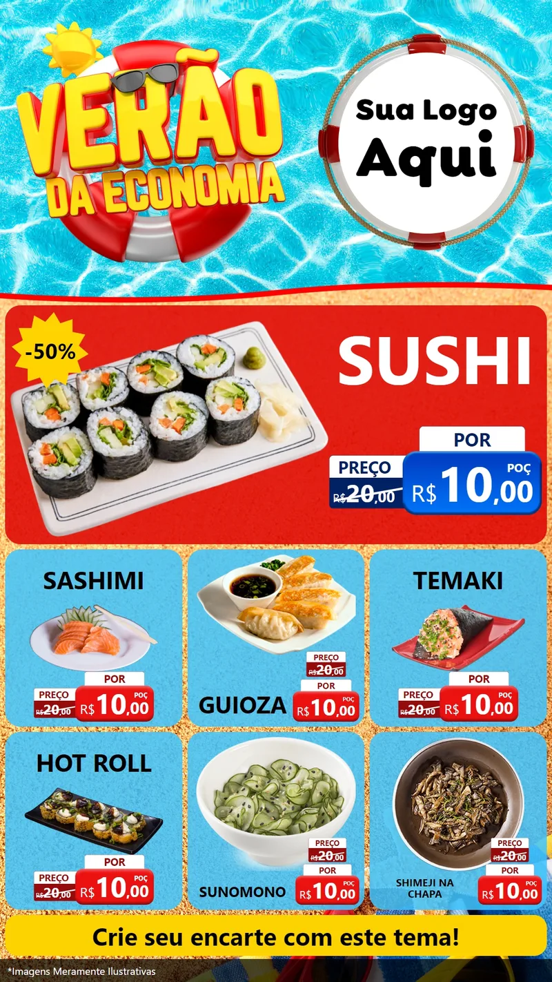 Modelo de Rede Social para Stories com o tema Verão da Economia para Comida japonesa