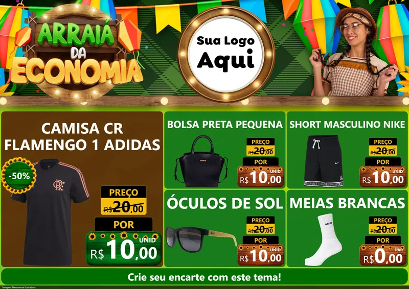 Modelo de Encarte para Encarte A4 Horizontal com o tema Arraiá de Economia para Roupas e acessórios