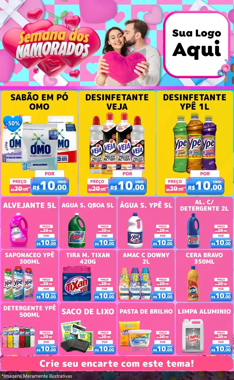Modelo de Encarte para Encarte Grande com o tema Semana dos Namorados para Produtos de Limpeza