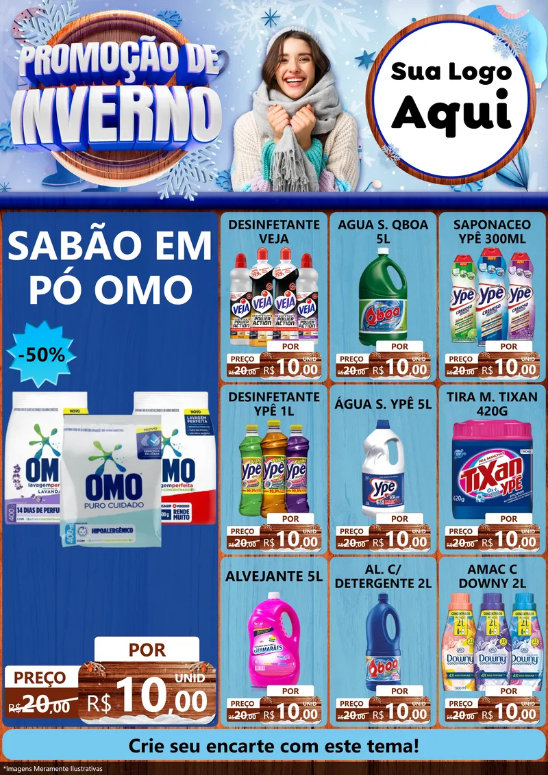 Modelo de Encarte para Encarte A4 Vertical com o tema Promoção de Inverno para Produtos de Limpeza