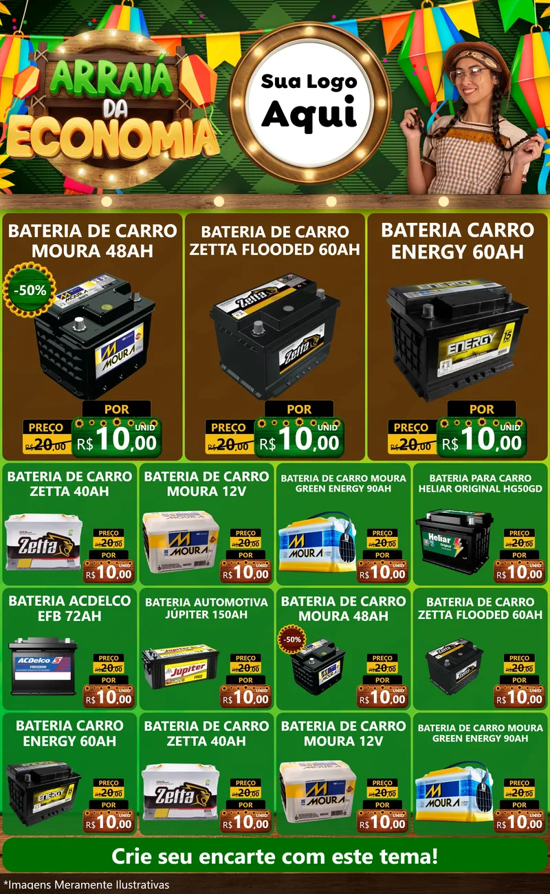 Modelo de Encarte para Encarte Grande com o tema Arraiá de Economia para Baterias Elétricas
