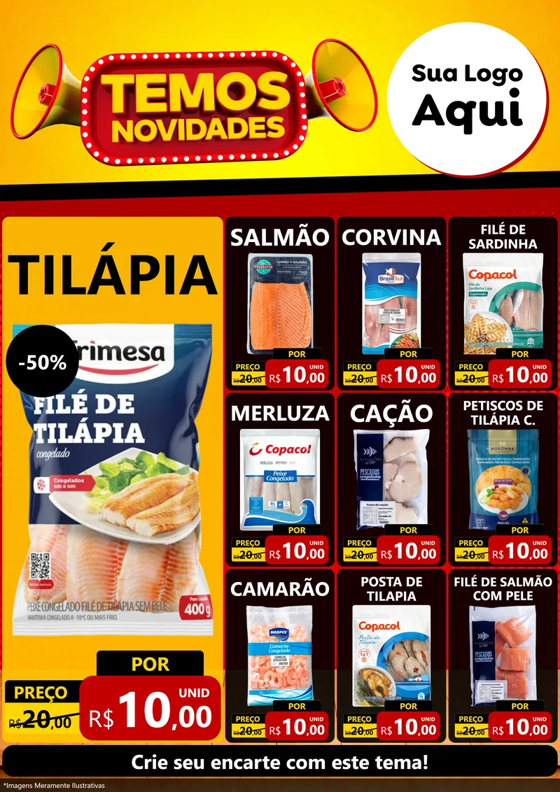 Modelo de Encarte para Encarte A4 Vertical com o tema Temos Novidades para Peixaria