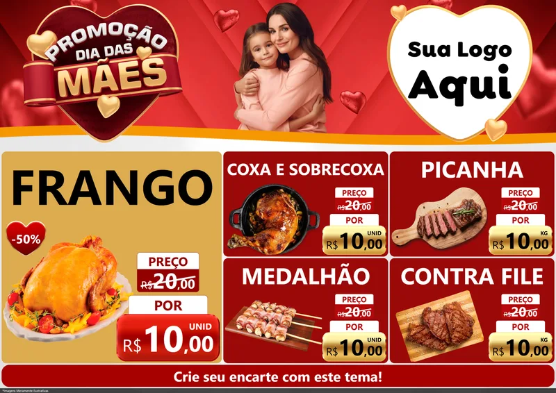 Modelo de Encarte para Encarte A4 Horizontal com o tema Promoção Dia das Mães para Assados