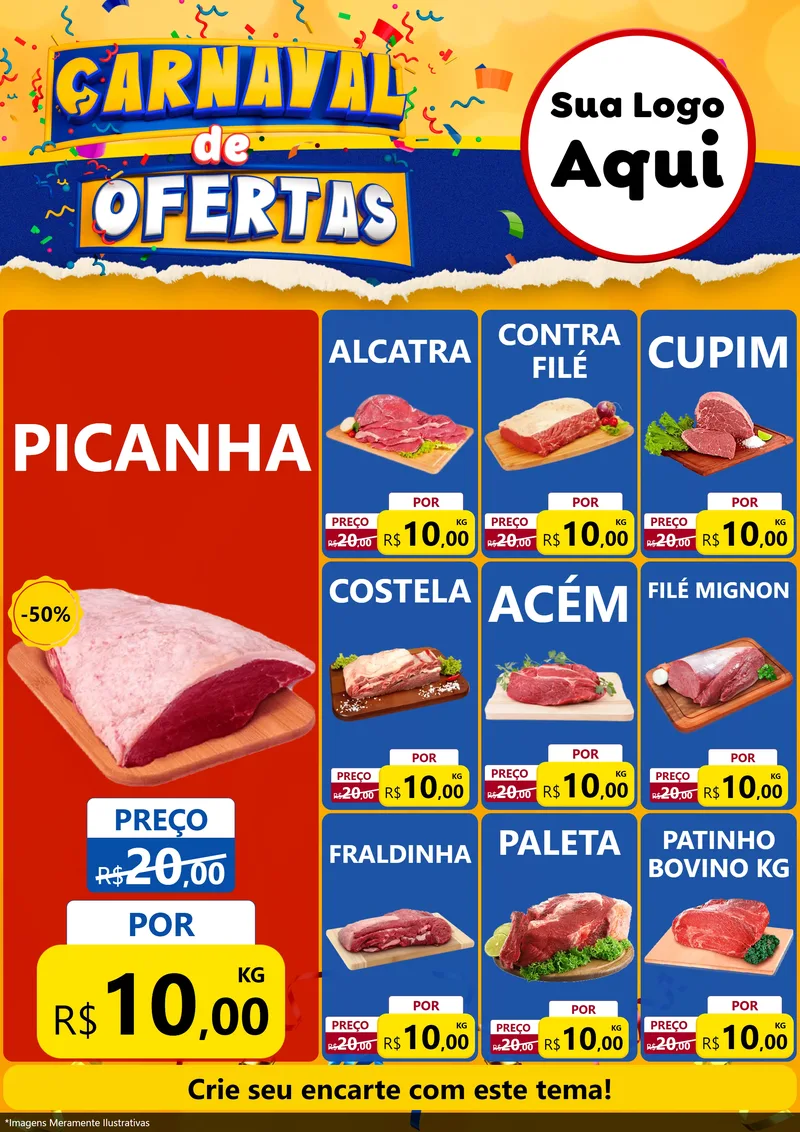 Modelo de Encarte para Encarte A4 Vertical com o tema Carnaval de Ofertas para Açougue
