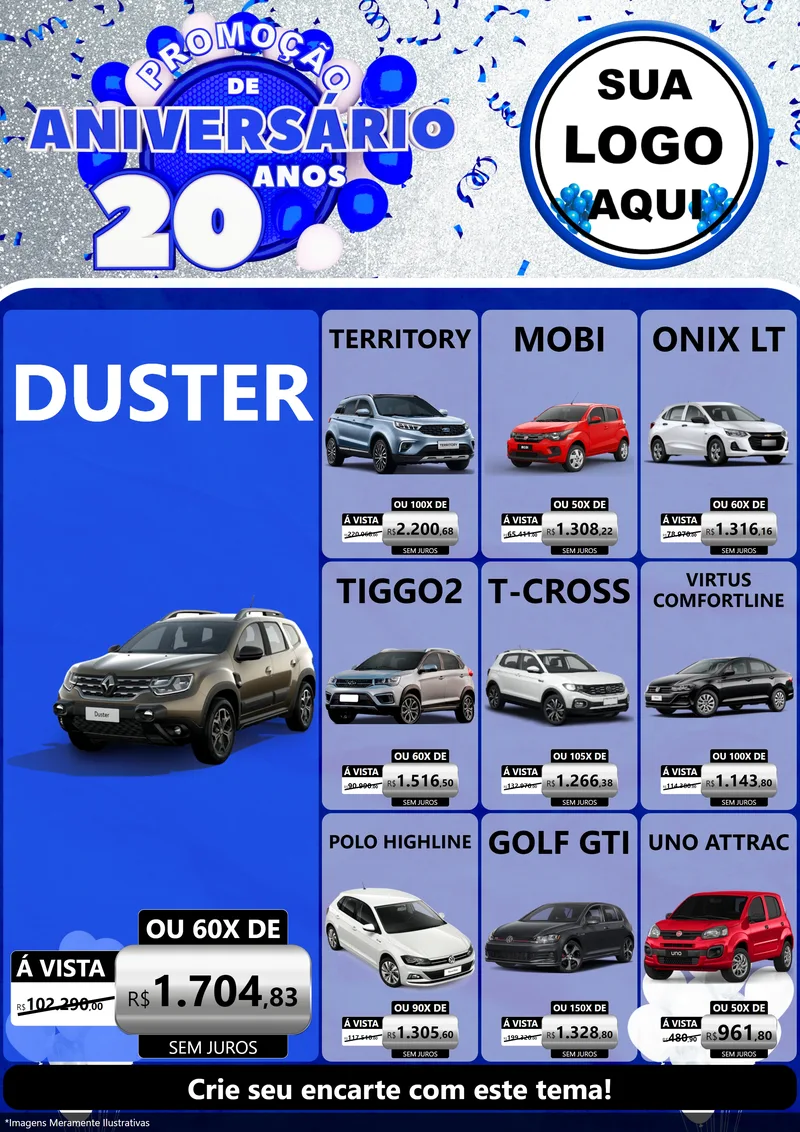Modelo de Encarte para Encarte A4 Vertical com o tema Promoção de Aniversário - 20 Anos para Concessionaria de Carros