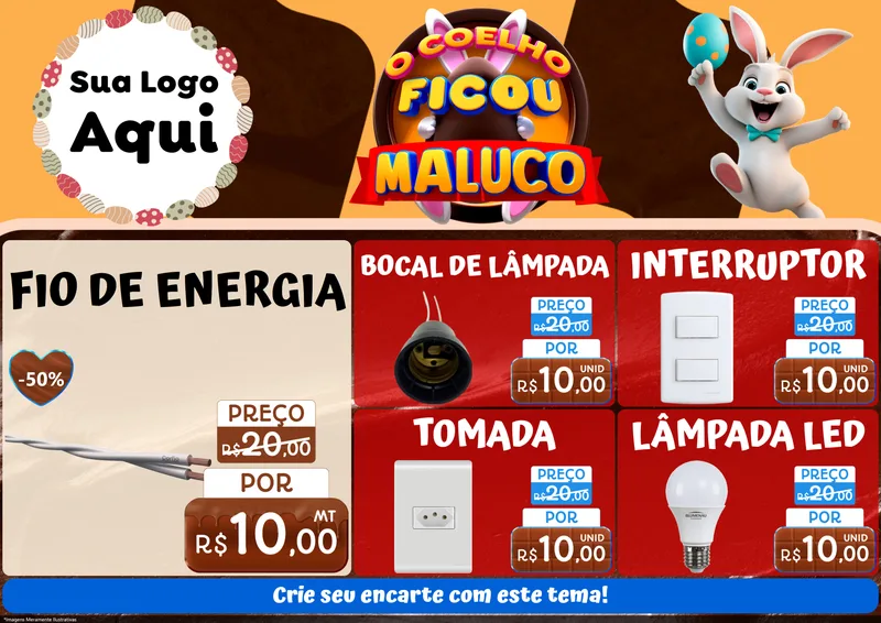 Modelo de Encarte para Encarte A4 Horizontal com o tema O Coelho Ficou Maluco - Páscoa para Materiais Elétricos