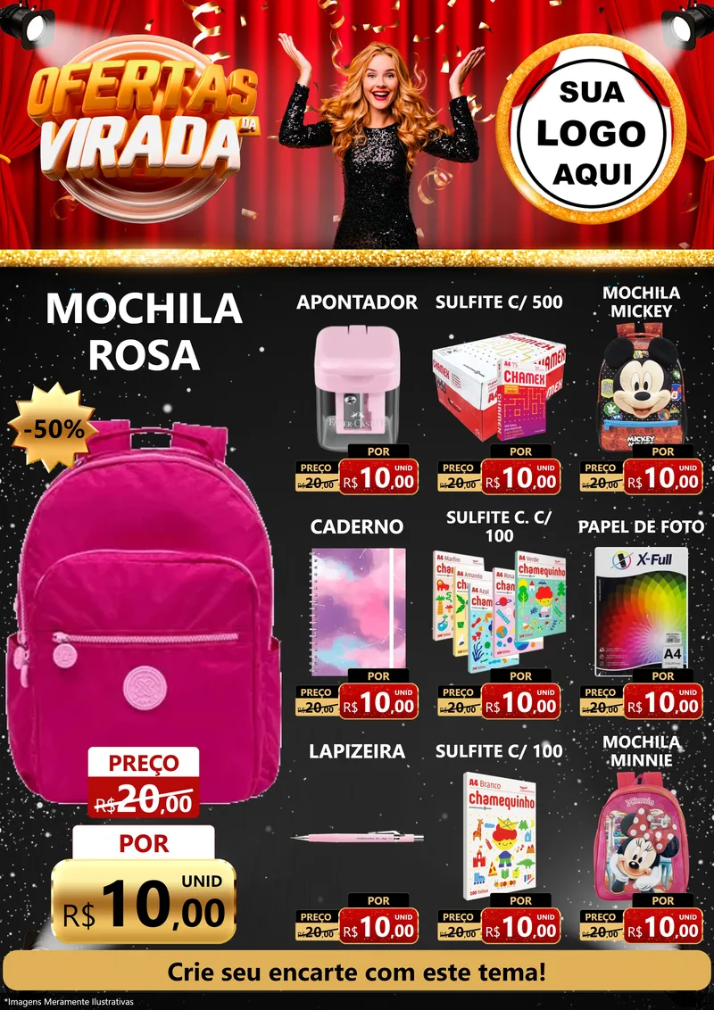 Modelo de Encarte para Encarte A4 Vertical com o tema Ofertas da Virada para Papelaria
