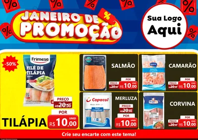 Modelo de Encarte para Encarte A4 Horizontal com o tema Janeiro de Promoção para Peixaria