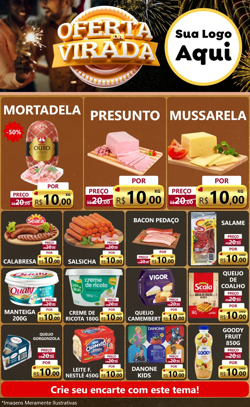 Modelo de Encarte para Encarte Grande com o tema Oferta da Virada para Frios e Laticínios