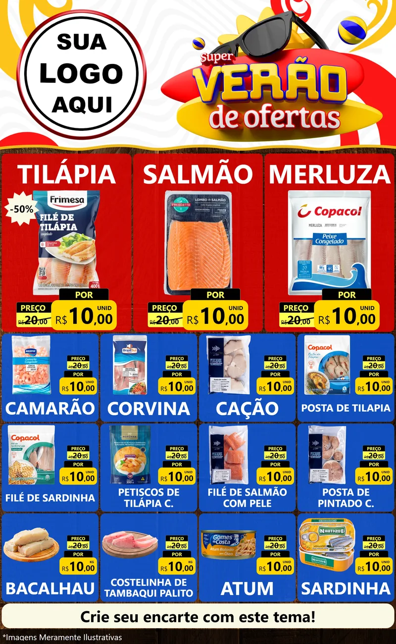Modelo de Encarte para Encarte Grande com o tema Super Verão de Ofertas para Peixaria