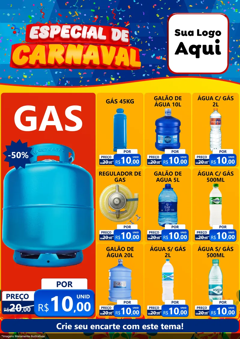 Modelo de Encarte para Encarte A4 Vertical com o tema Especial de Carnaval para Água e gás
