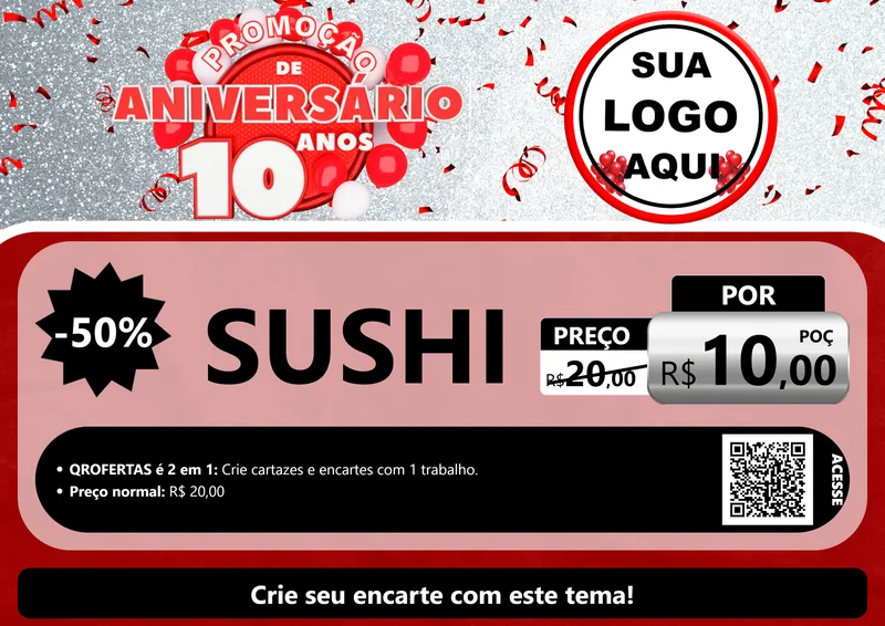 Modelo de Cartaz para Cartaz A4 Horizontal com o tema Promoção de Aniversário - 10 Anos para Comida japonesa