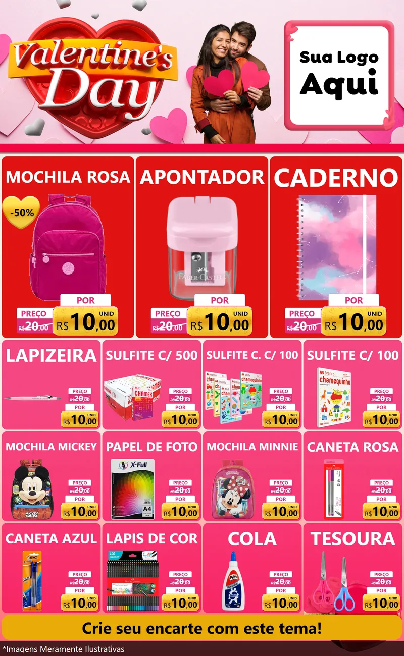 Modelo de Encarte para Encarte Grande com o tema Valentine's Day para Papelaria