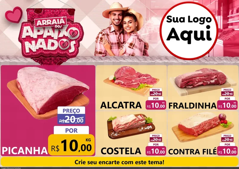 Modelo de Encarte para Encarte A4 Horizontal com o tema Arraiá dos Apaixonados - Junina para Açougue