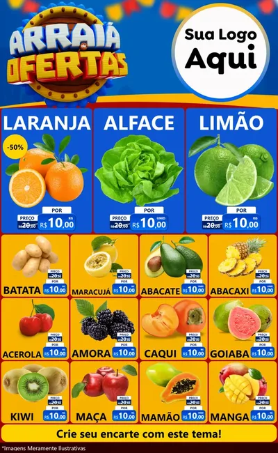 Modelo de Encarte para Encarte Grande com o tema Arraiá de Ofertas - Junina para Hortifrúti
