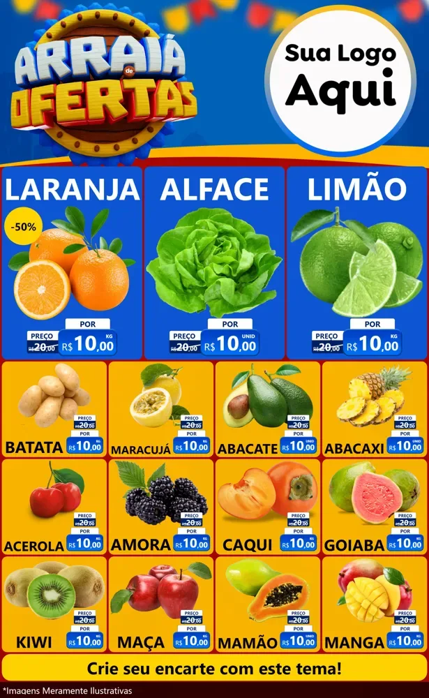 Modelo de Encarte para Encarte Grande com o tema Arraiá de Ofertas - Junina para Hortifrúti